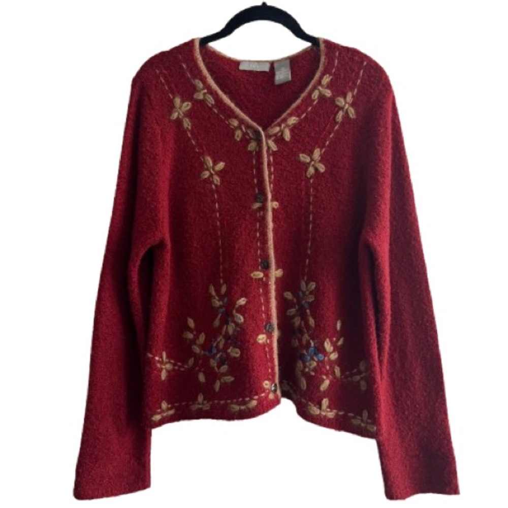 Ivy Red Wool Blend Floral Embroidered Button Down Cardigan Sweater Cottagecore